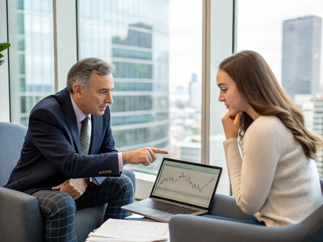 An image of modern residential and commercial properties with a professional financial advisor discussing plans with clients, representing real estate investment strategies.