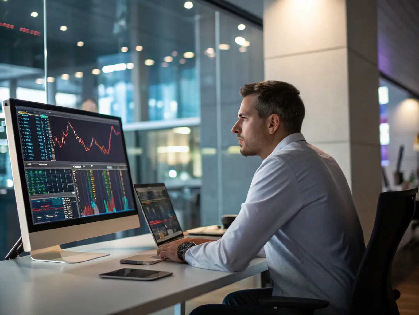 A dynamic chart showing forex currency pairs with a trader analyzing data on multiple screens, representing forex trading solutions.