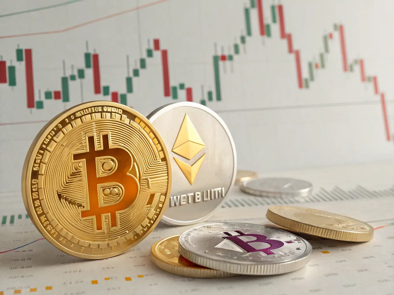 An image of digital cryptocurrencies and blockchain icons with a financial advisor explaining investment options, representing crypto investment guidance.